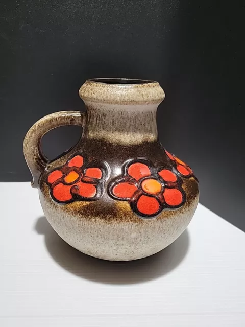 Scheurich 60's-70's Fat Lava Vase  #423-18 Brown Glaze Red Flowers  Handled Jug