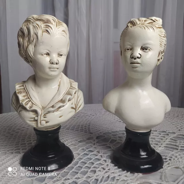 Très beau Couple buste enfants plâtre ancien numéroté année 1930 France