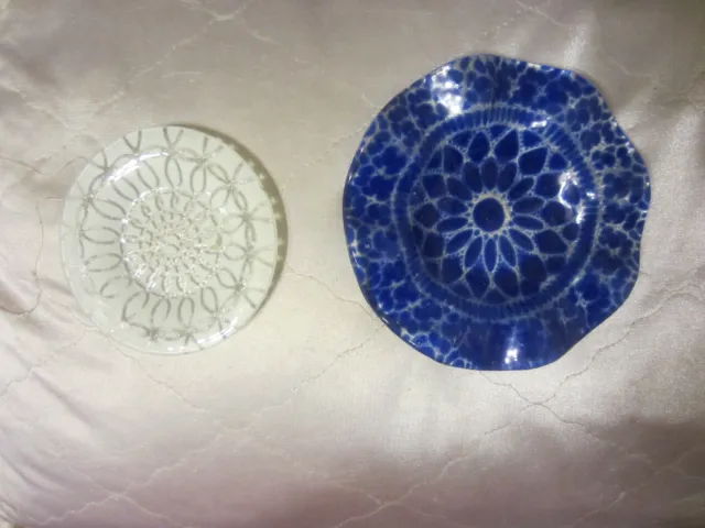 Sydenstricker (2) Fused Art Glass Blue & White Embassy Lace Bowl Plate Syden NR