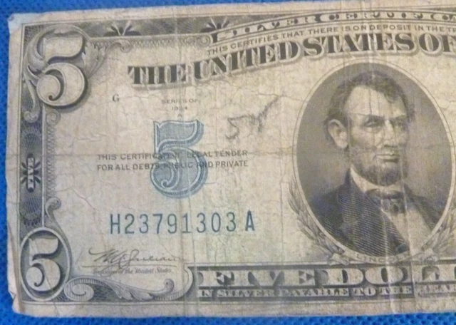 US $5 Five Dollar SILVER CERTIFICATE Series 1934A - Blue Seal 2