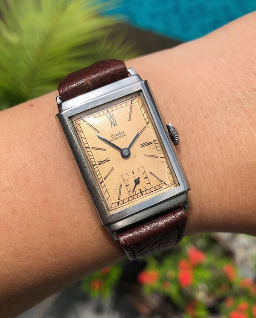 EXITA Vintage Tank Watch Art Deco Salmon Copper Dial Military Bauhaus 1930s