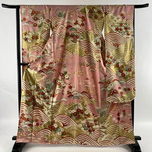 Japanese Kimono Furisode Pure Silk With Signature Whitecaps Shouchikubai Pink