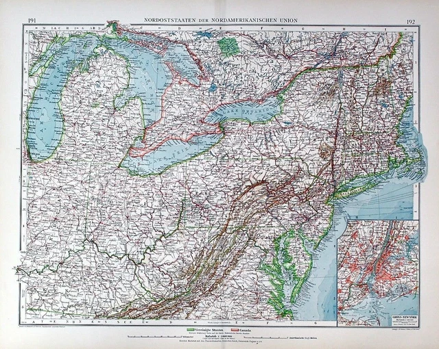 1900 - America América Ney York Massachusetts Pennsylvania Mapa Litografía