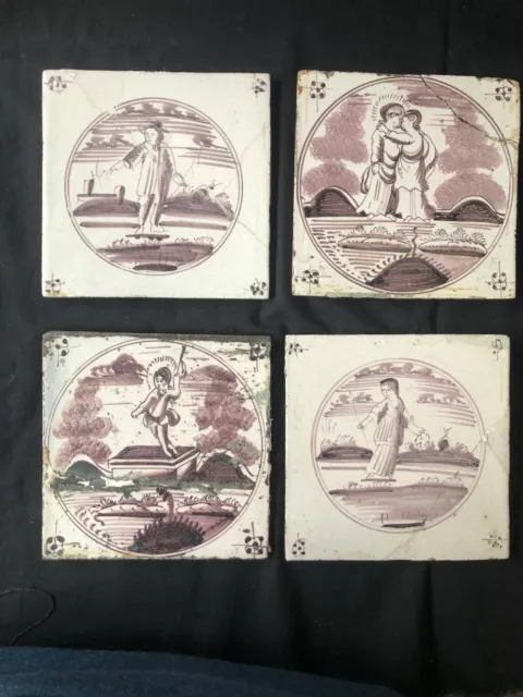 Antique Set of 4 x Dutch Delft Tile Biblical 18th C. Manganese