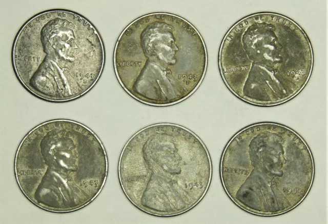 1943 D & P Steel Wheat Penny "War Time" 6 coin lot
