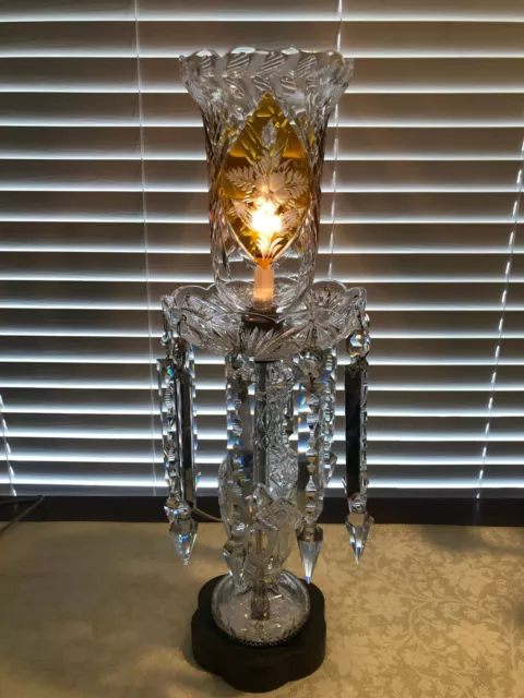 Hollywood Regency Hurricane Lamp w/8" Crystal Prisms & Amber Cut Crystal Shade