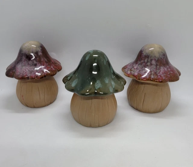 Set of 3 Whimsical Glaze Top Ceramic Mushrooms Garden Pottery 4” Mushroom