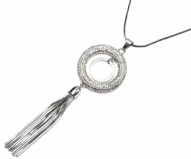 CL1806D - Sautoir Collier Pendentif Cercle Strass et Pompon Chaînes Métal Arg...