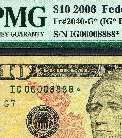 QUAD 00008888* FANCY SERIAL NUMBER * STAR * 2006 $10 PMG graded