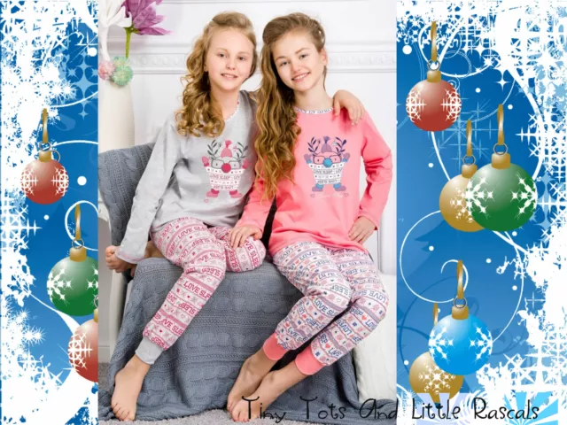 Older Girls Kids Cotton Pyjamas Set Nightwear Xmas Santa Gift Size 2- 8 years