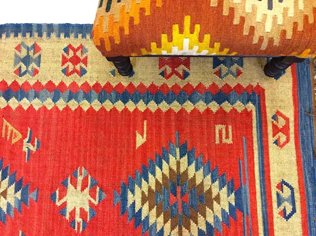 RED BLUE Tribal Nomadic Caucasian Geometric Handmade 100% Wool Kilim Rugs Runner