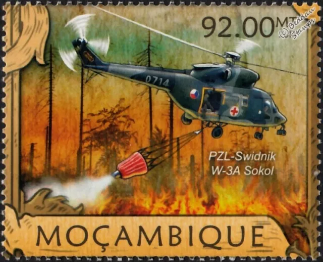 PZL W-3 / W-3A FALCON Fire Fighting Helicopter Aircraft Stamp (2013 Mozambique)