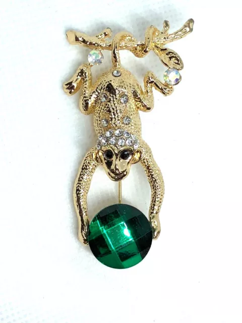 Monkey Brooch pin green clear rhinestone gold tone1.5"x1.25" gift mothers day #1