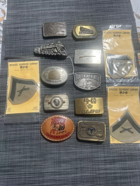 Various Vintage Lot Of Belt Buckles And 3 Marine Corps Chevrons