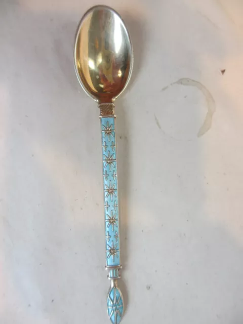 J.Tostrup Norway Blue Guilloche Enamel Gold Wash Sterling Silver Demi Spoon;S302