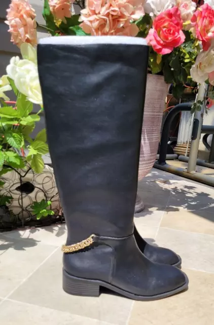 Express Lane Black Riding Boots w Gold Chain Women's Size 7 Medium NEW