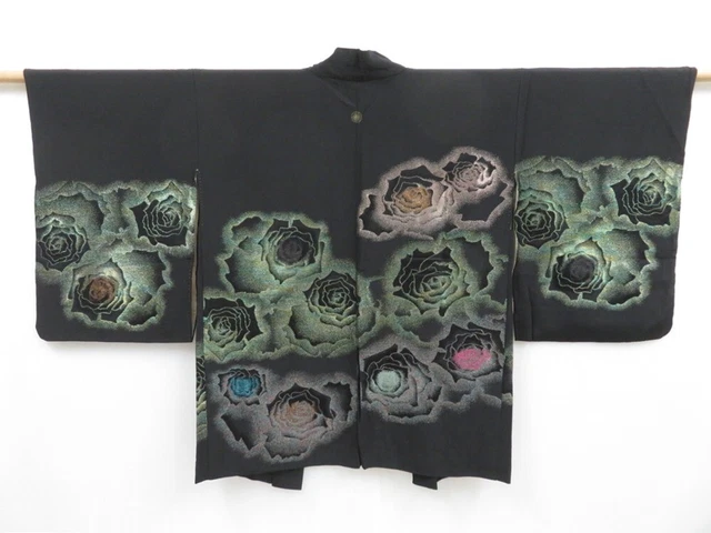 3509T13z600 Vintage Japanese Kimono Silk HAORI Rose Black