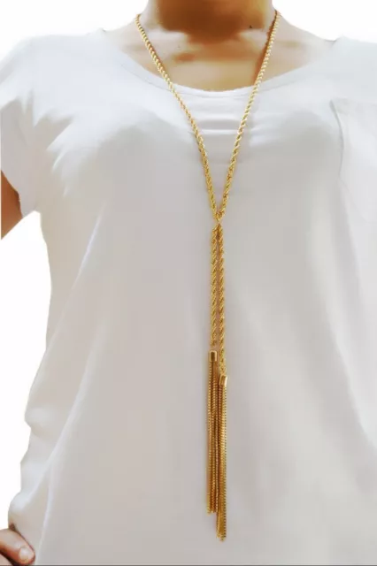 Chic Women Gold Plated Long Lariat Necklace Sweater Chain Double Tassel Open End