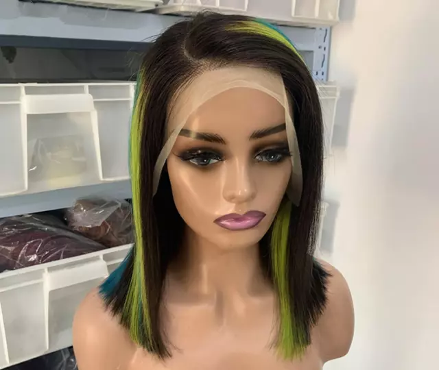 Black Green Highlight Short Bob Straight Wig 4×4 Lace Front 100%Human Hair Wig
