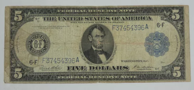 BARGAIN Series 1914 Large Size Blue Seal $5 Fed Res Note 6-F Atlanta VG Fr#867