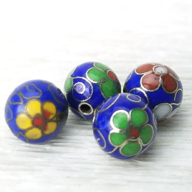 Vintage Dk Blue Mixed Color Flowers Cloisonne Chinese Enamel 10mm 4 Beads 