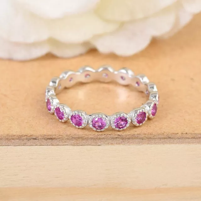 Solid White 14k Gold Pink Sapphire Gemstone Band Ring Fine Eternity Jewelry Gift