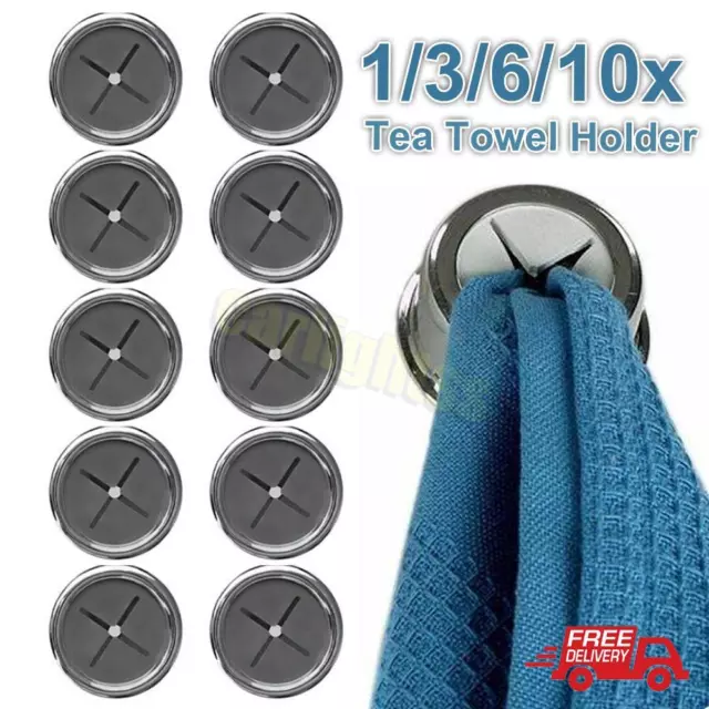 1-10x Tea Towel Holder Grip Hook Cloth Kitchen Chrome Push In Clip Self Adhesive