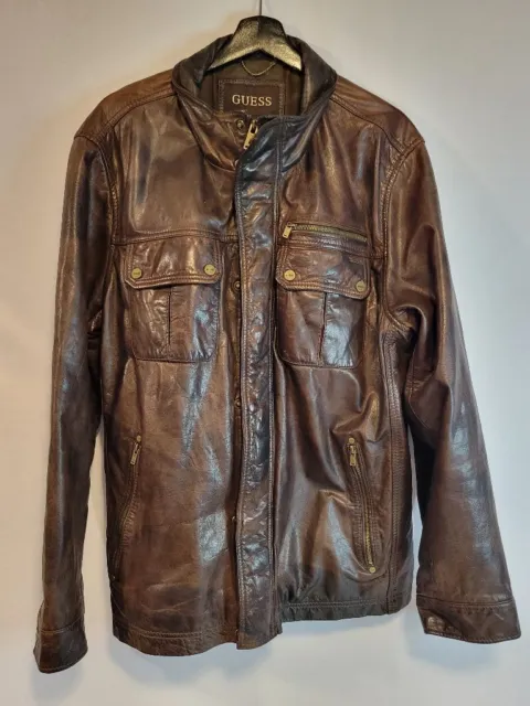 Vintage Men's Guess Brown Leather Jacket - XL