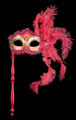 Mask from Venice Colombine Red And Golden IN Stick And IN Feathers Ostrich 823