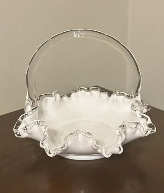 Vintage Fenton Silver Crest 8" Milk Glass Ruffled Edge Wedding Basket Candy Dish
