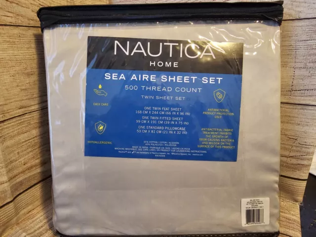 Nautica Home Sea Aire 500 Count Thread Gray Twin Bed Sheet Set - 3 Piece New
