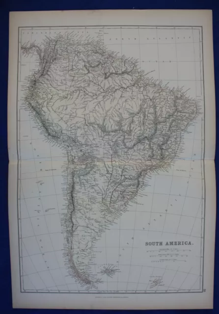SOUTH AMERICA, BRAZIL, CHILE, ARGENTINA, PERU original antique map, Blackie 1884