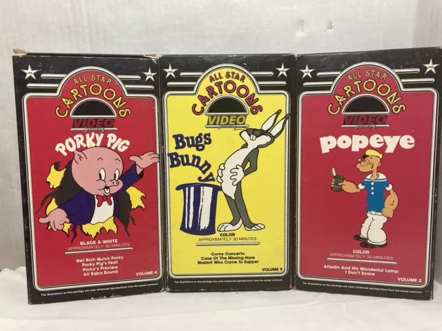 Lot of 3 Vintage VHS Popeye, Porky Pig, Bugs Bunny All Star Cartoons