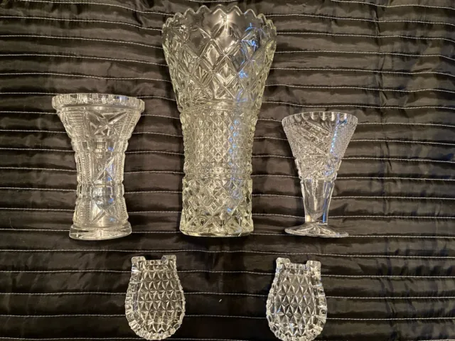 Retro Large Decorative Glass Vase. + 2 Small Vases + Pr Thistle Dishes. BARGAIN