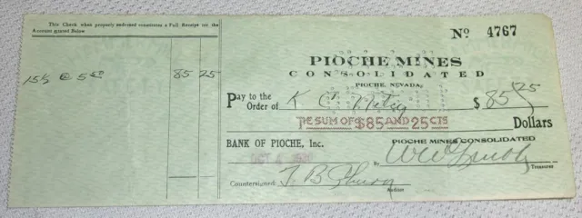 Vintage 1930 PIOCHE NEVADA Check Check Amal Pioche Mines
