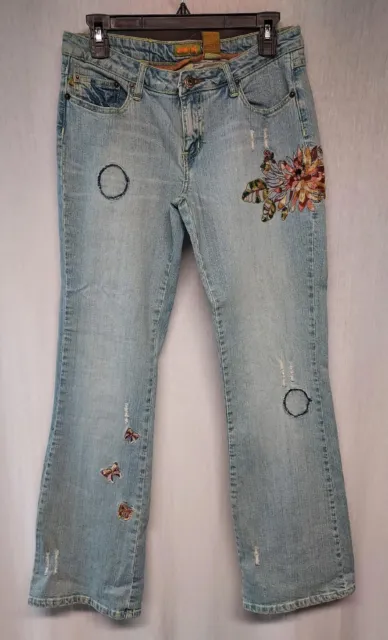 Zana Di Distressed Floral Embroidered Embellished Flare Blue Jeans Juniors 13