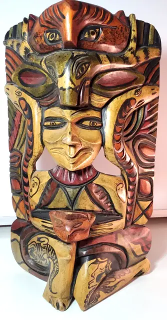 Wooden Mask Hand Made Mexican Wood Carved Art Mayan Aztec 15” Vintage