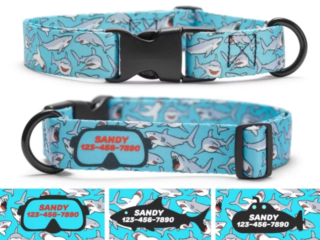 Shark Dog Collar Personalized - X Large - Blue Ocean Puppy Collar Doggy Gift