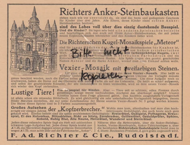 RUDOLSTADT, Werbung 1920, F. Ad. Richter & Cie. Anker-Steinbaukasten