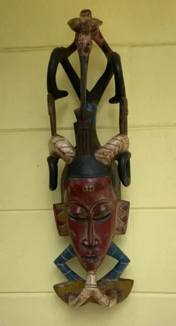 Red Guro Portrait Mask with Horns and Birds Cote d'Ivoire African Art 26" tall