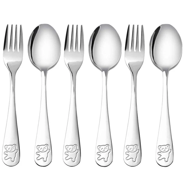 Juego de cuchara y tenedor de acero inoxidable para niños oso para niños Toddl G6A8