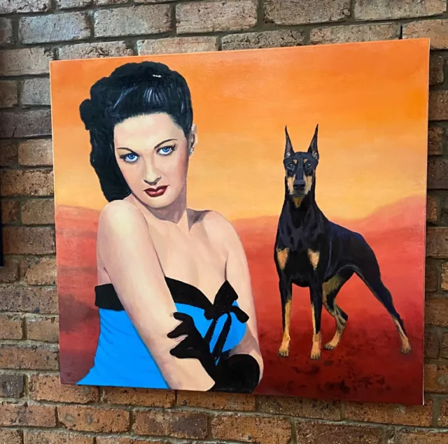 Original art - Painting retro surreal Mars painting Doberman and Yvonne de Carlo 2