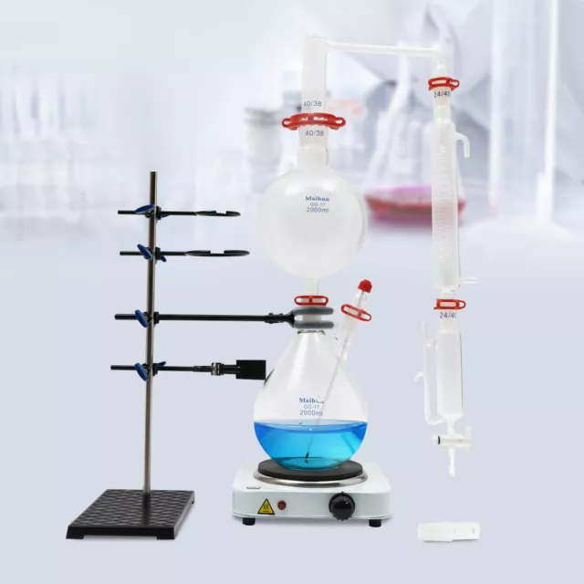 2000ML Essential Oil Steam Distillation Apparatus Oil Glassware Set w/ Hot Stove