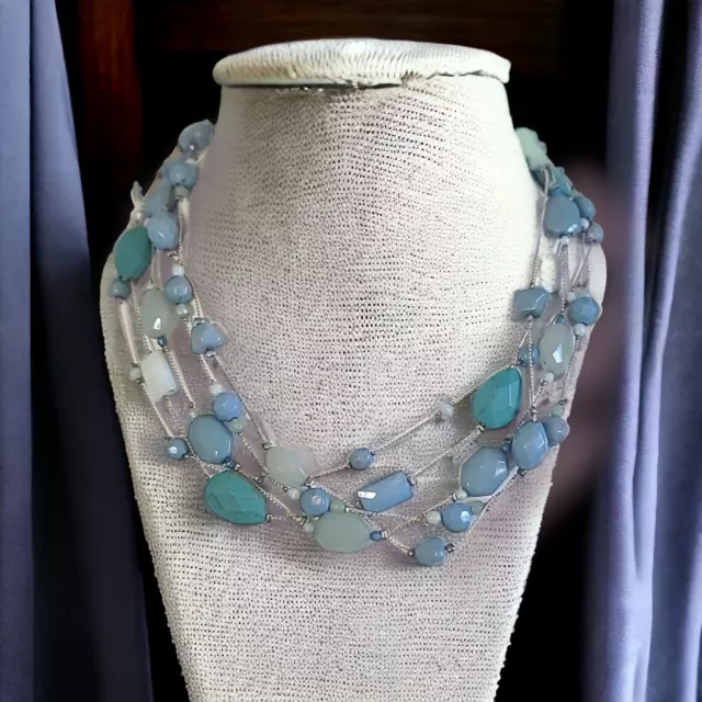 Liz Claiborne Silver Tone Blue Faceted Beaded Multi Strand Necklace 20"