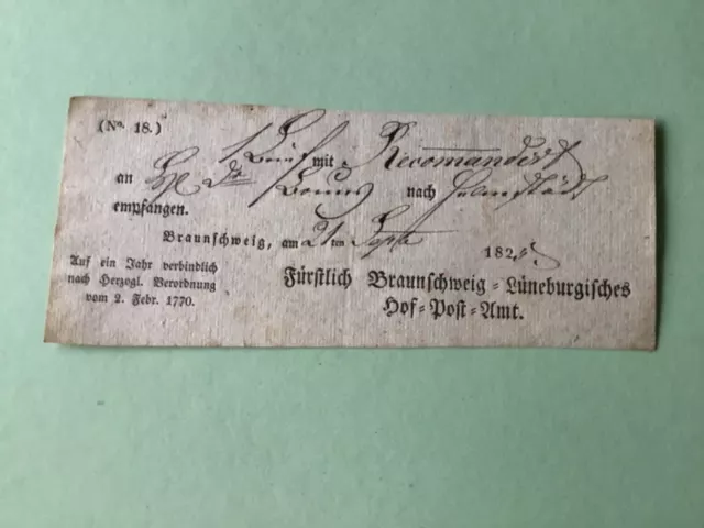 Braunschweig 1825 Prephilately postal note receipt Ref A1488