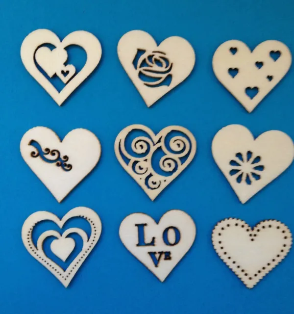 CLEARANCE ~ 9 Natural Wooden Hearts Wedding Card Making Craft Embellishments
