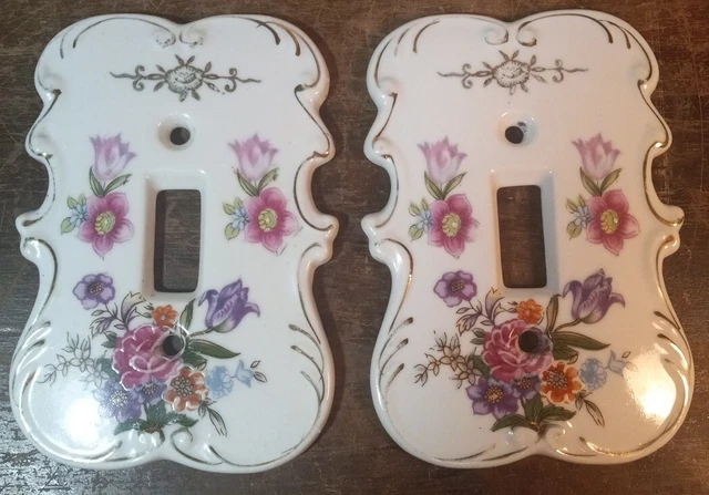 Vintage Pair Of Porcelain Light Switch Plate Cover Lefton Japan Spring Flowers