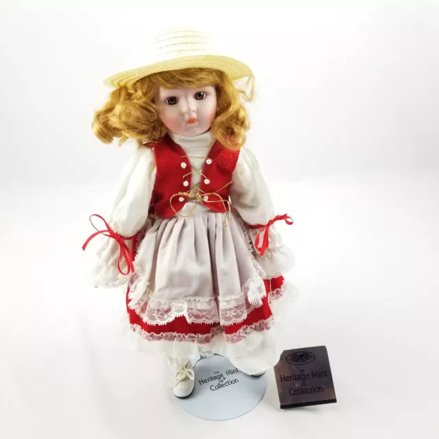 Heritage Mint Collection 15" Bisque Porcelain Doll Red Hair Red White Dress