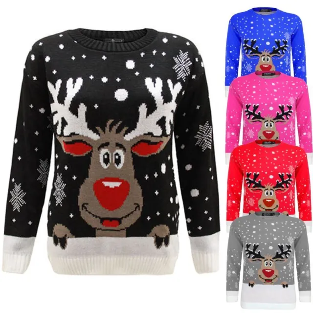 Kids Girls Boy Knitted Reindeer Christmas Rudolf Xmas Novelty Jumper Sweater Top