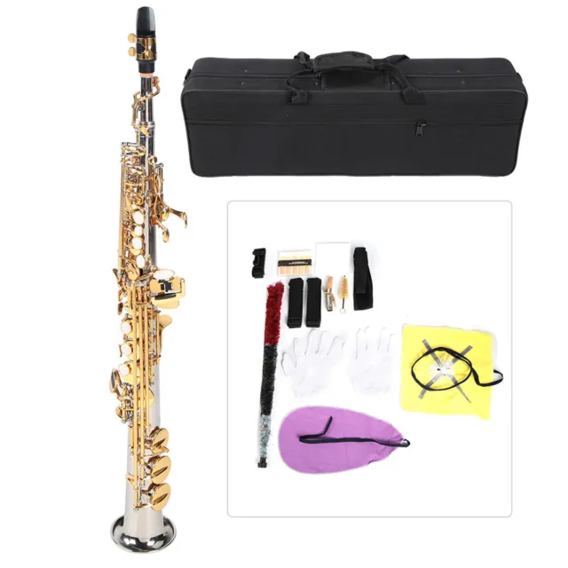 PROFESSIONAL BRASS SOPRANO Straight Saxophone Silver Plated Tube Gold ...